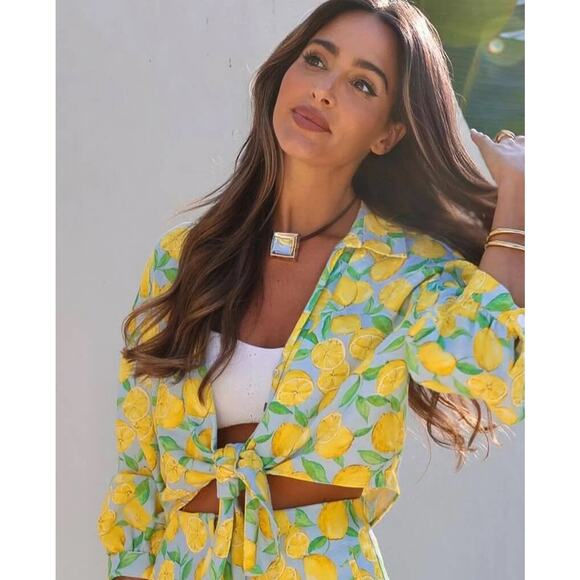 Zara Lemon Print Tie-Waist Top Womens Medium Linen Blend Beachy Novelty Fruit - Picture 11 of 11